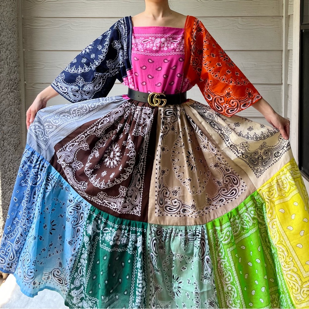 Rainbow | Handmade Earthy Voluminous Maxi Bandana Dress SKU 06101